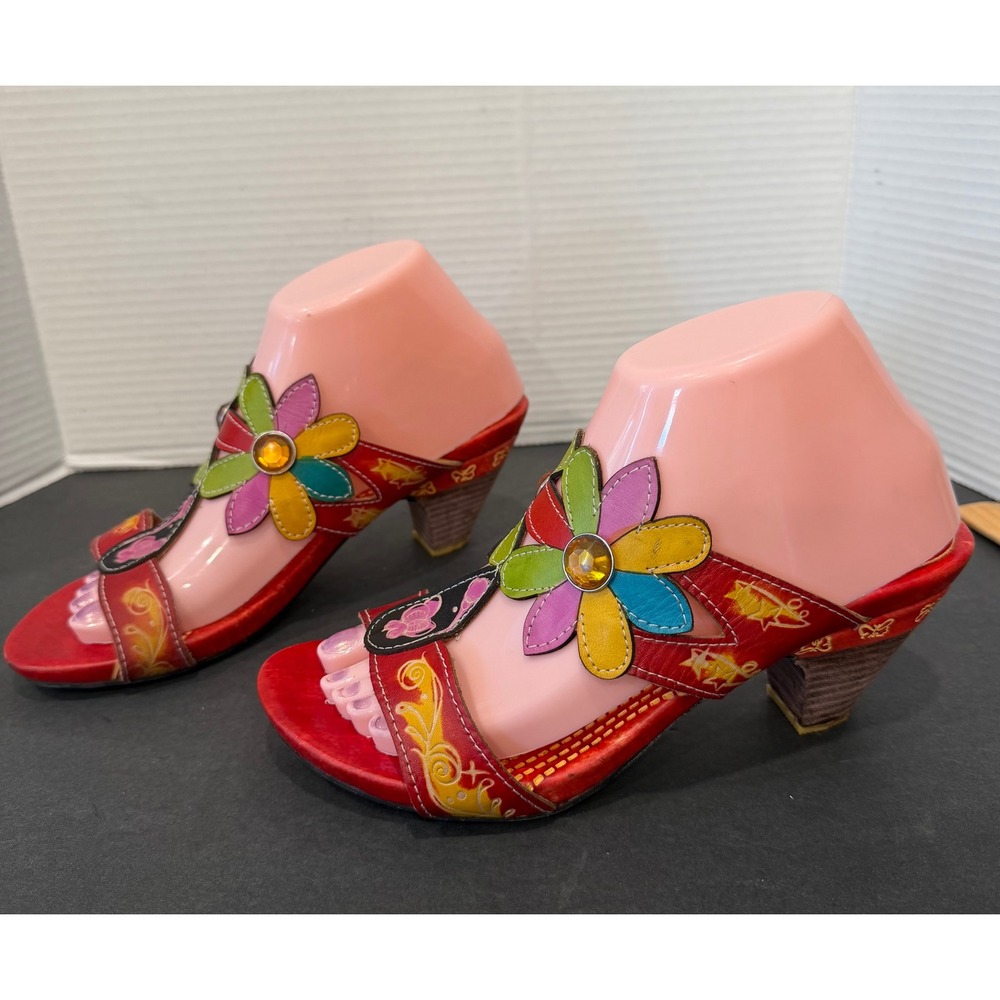Spring Step Papaya Red Leather Slip On Hand Painted Floral Low Heel Sandals 8.5
